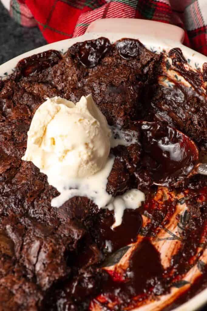 Chocolate Cobbler | Butter & Baggage A scoop of vanilla ice cream on chocolate cobbler.
