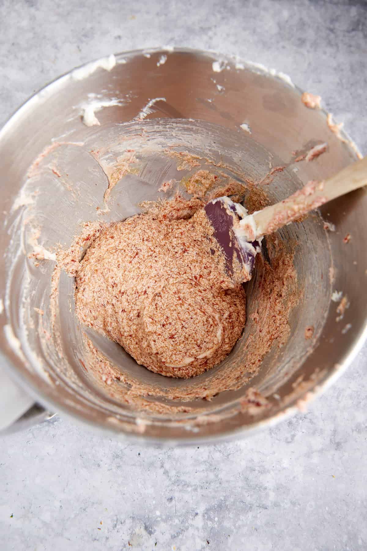 The beginning of a strawberry cupcake batter.