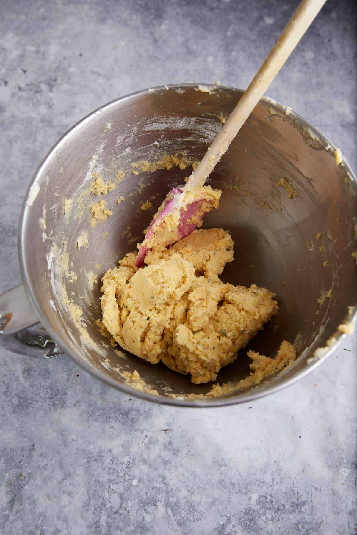 Shortbread dough in a mixing bowl.
