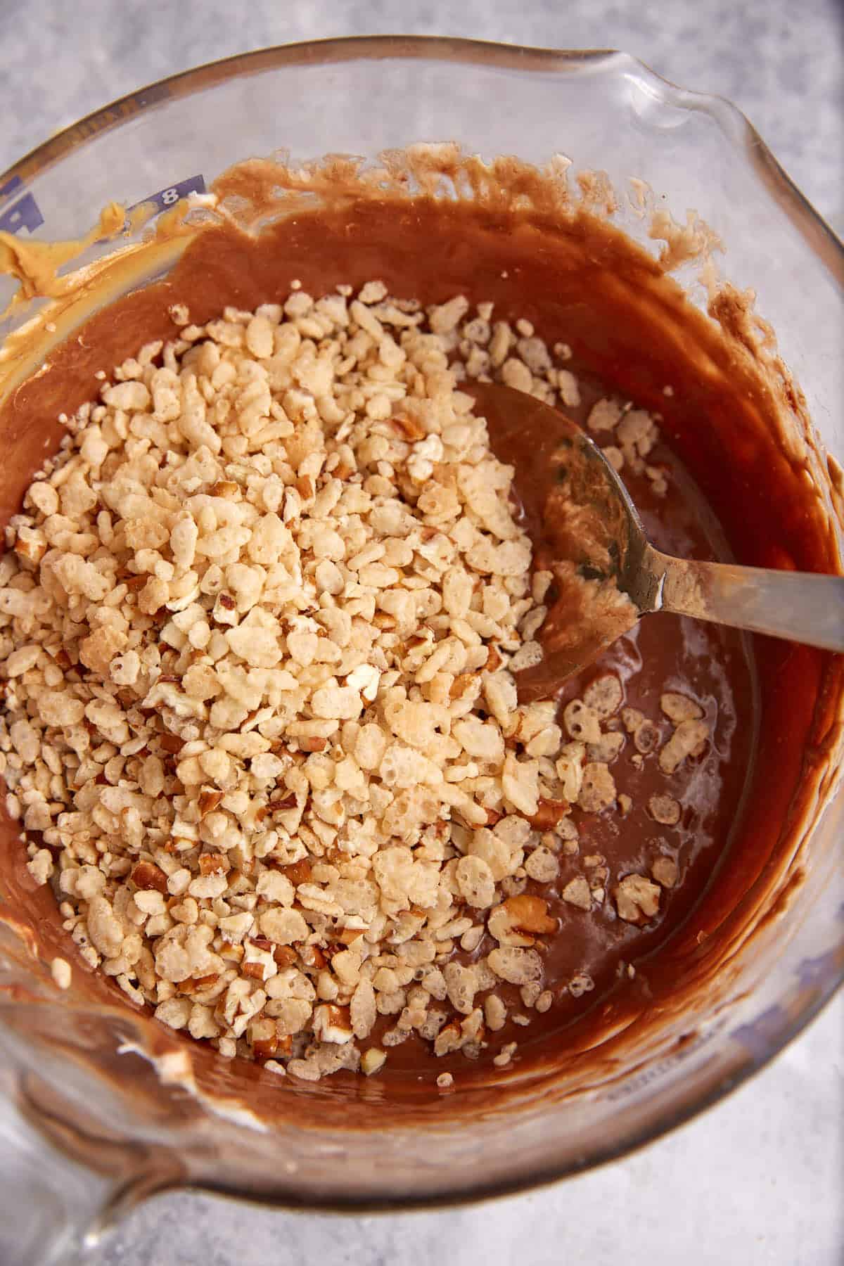 Rice krispies added to the chocolate mixture.