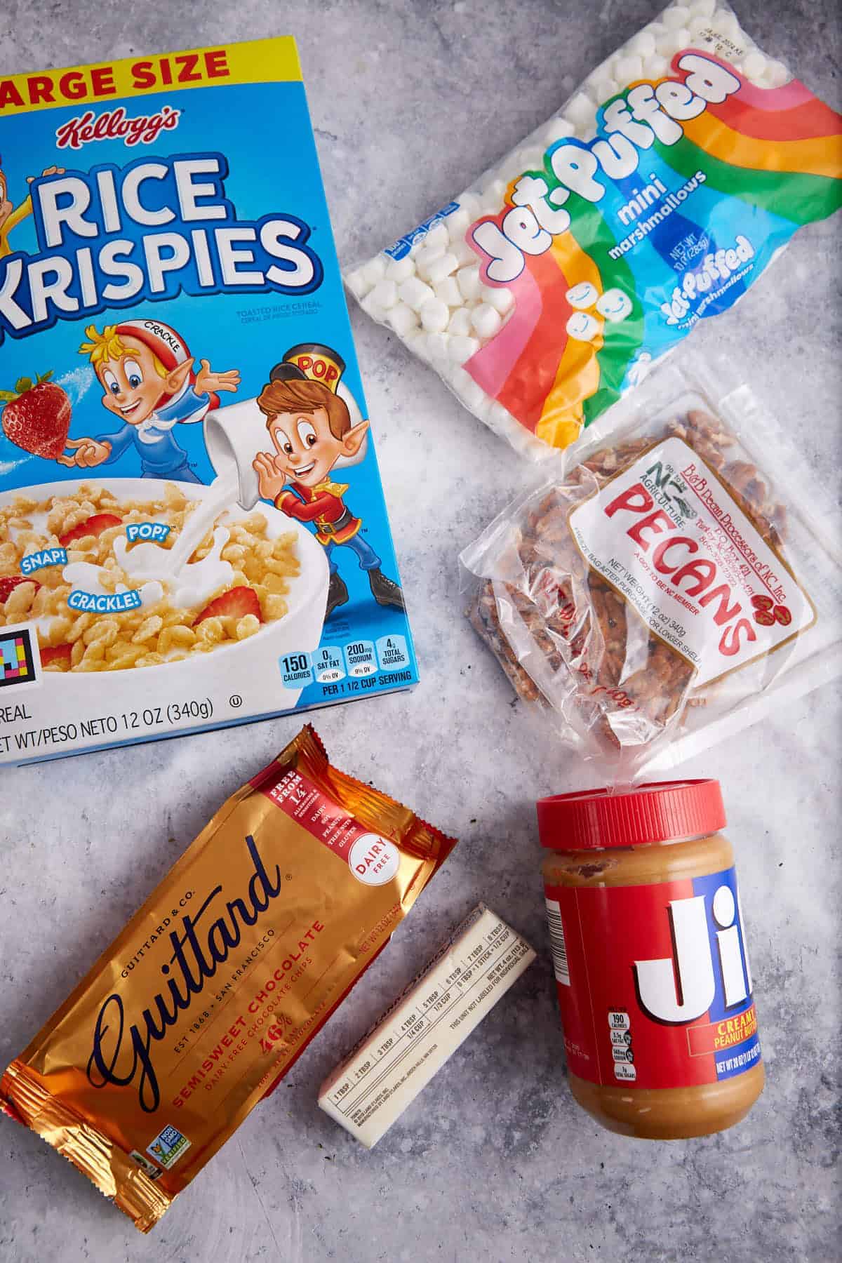 The ingredients for chocolate rice krispie treats.