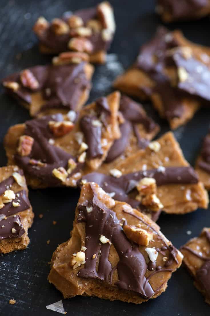 Chocolate caramel bark broken into pieces.