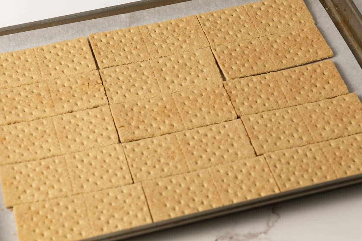 Graham crackers on a sheet pan.