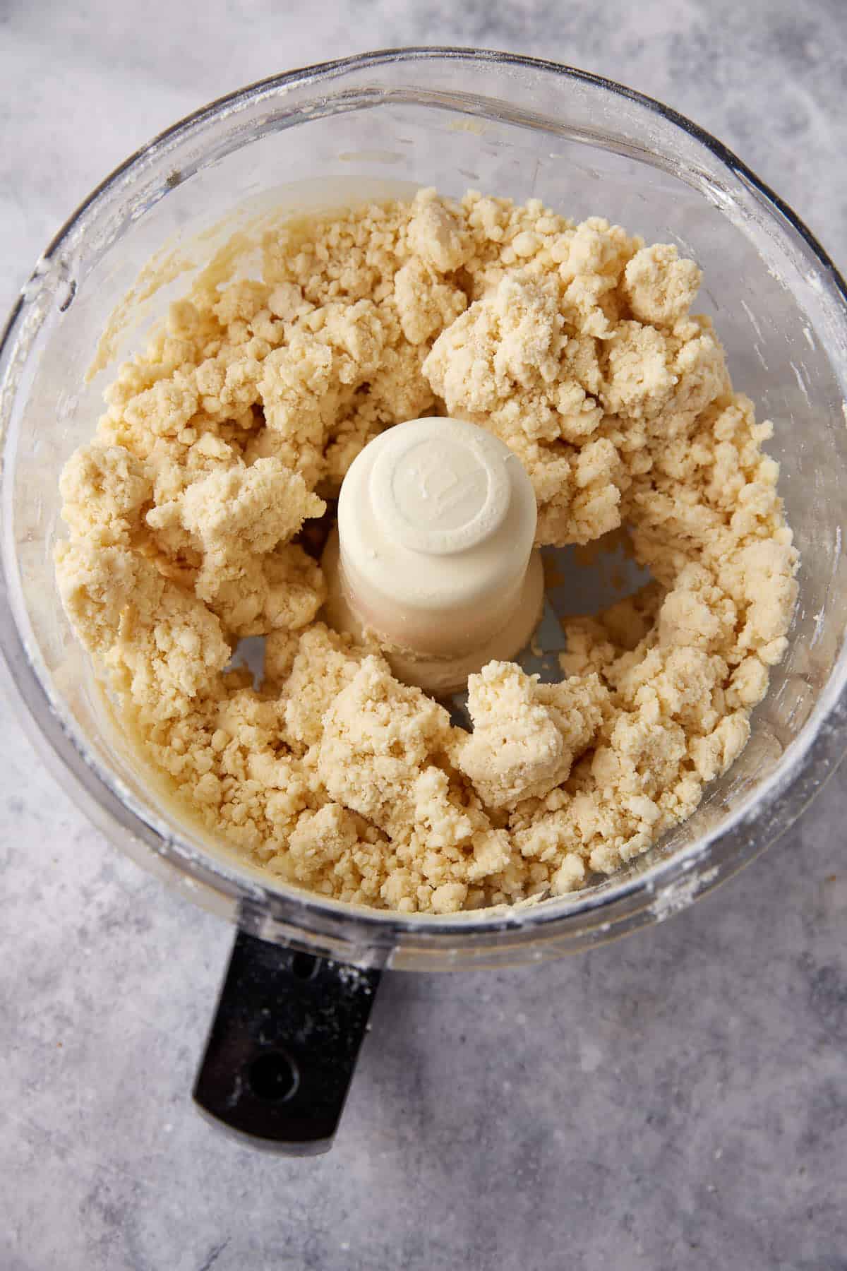 Dough processed in a food processor.