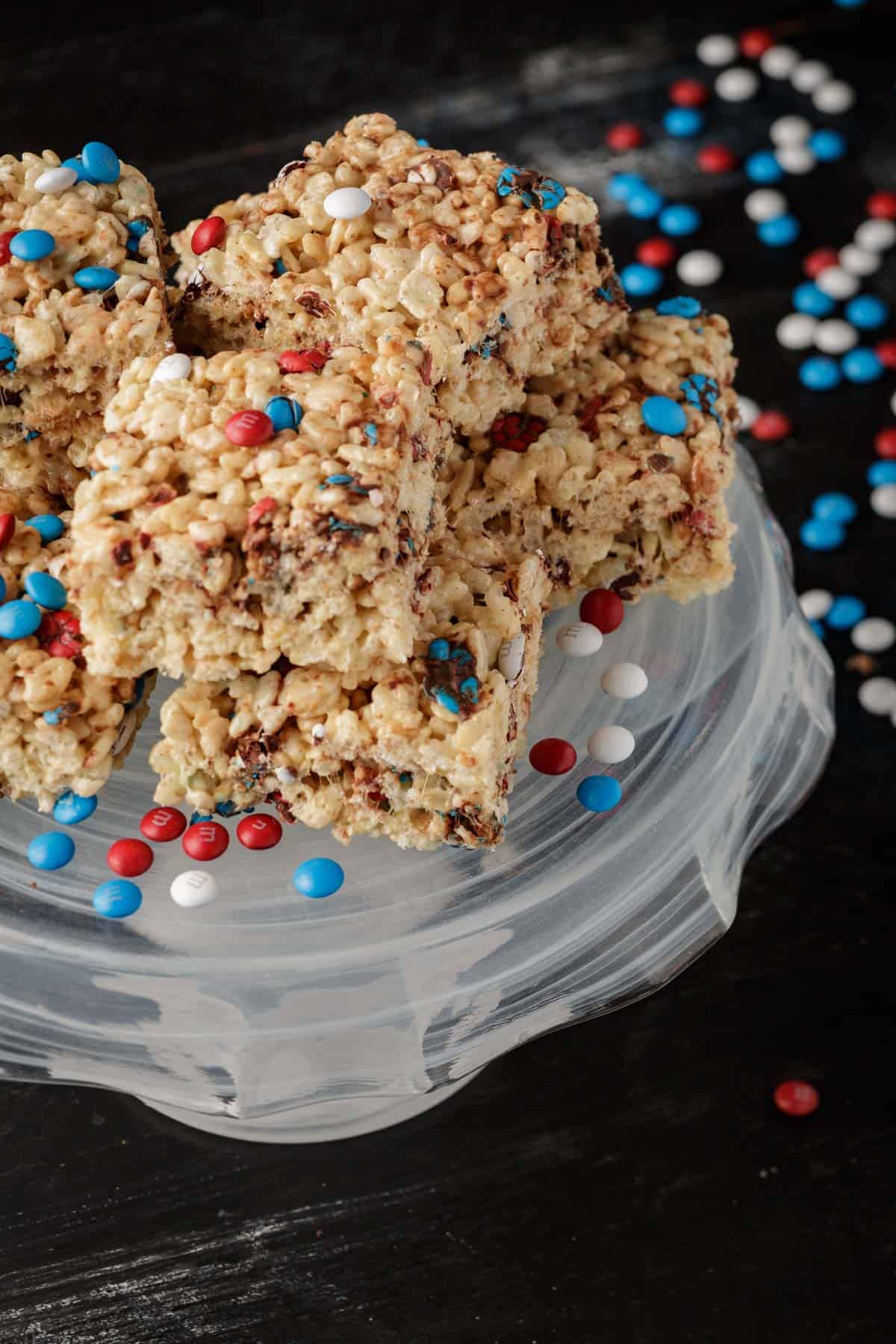 Rice Krispie treats with red white and blue M&Ms.