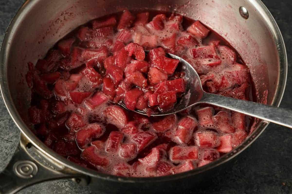 Cooked rhubarb in a saucepan.