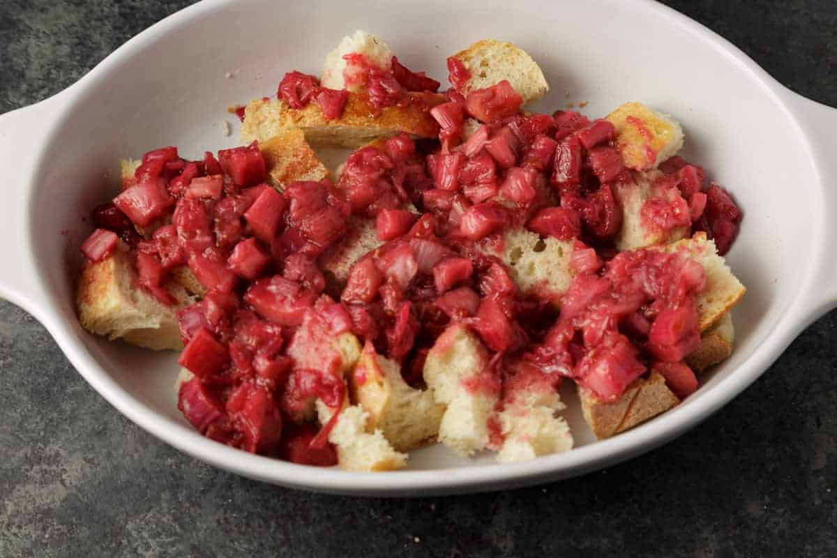 Rhubarb over bread cubes.