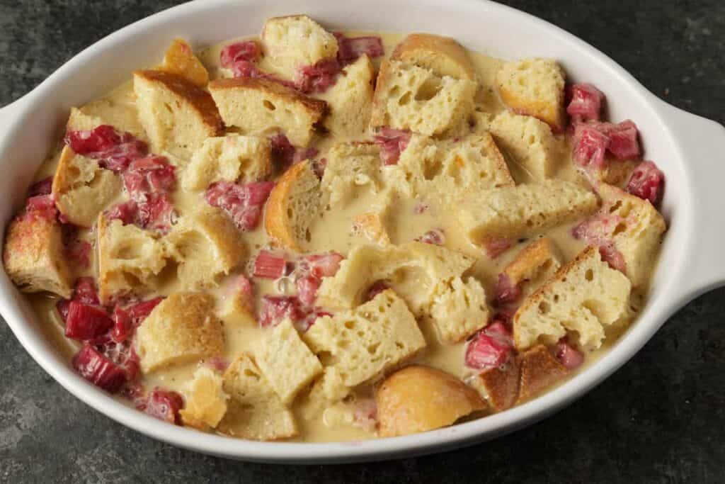 Rhubarb Custard Bread Pudding with Raspberries - Easy Southern Desserts