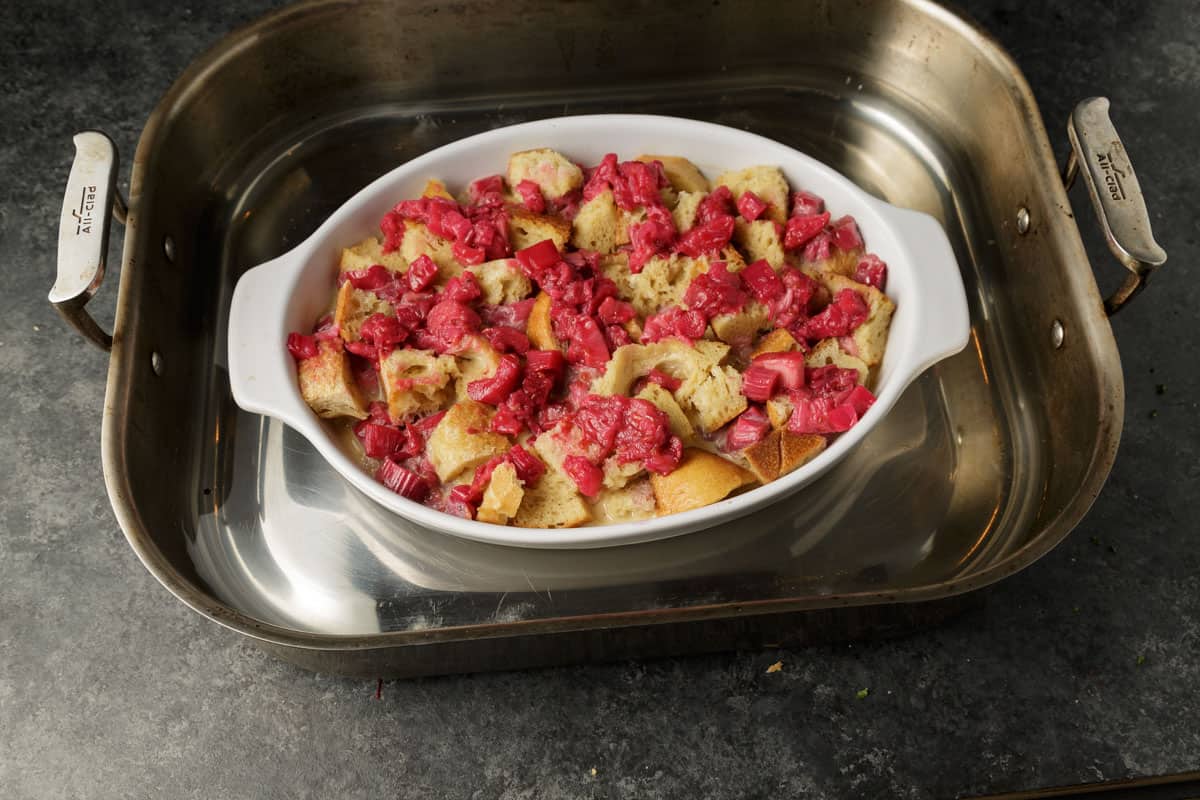 Bread pudding in a water bath.
