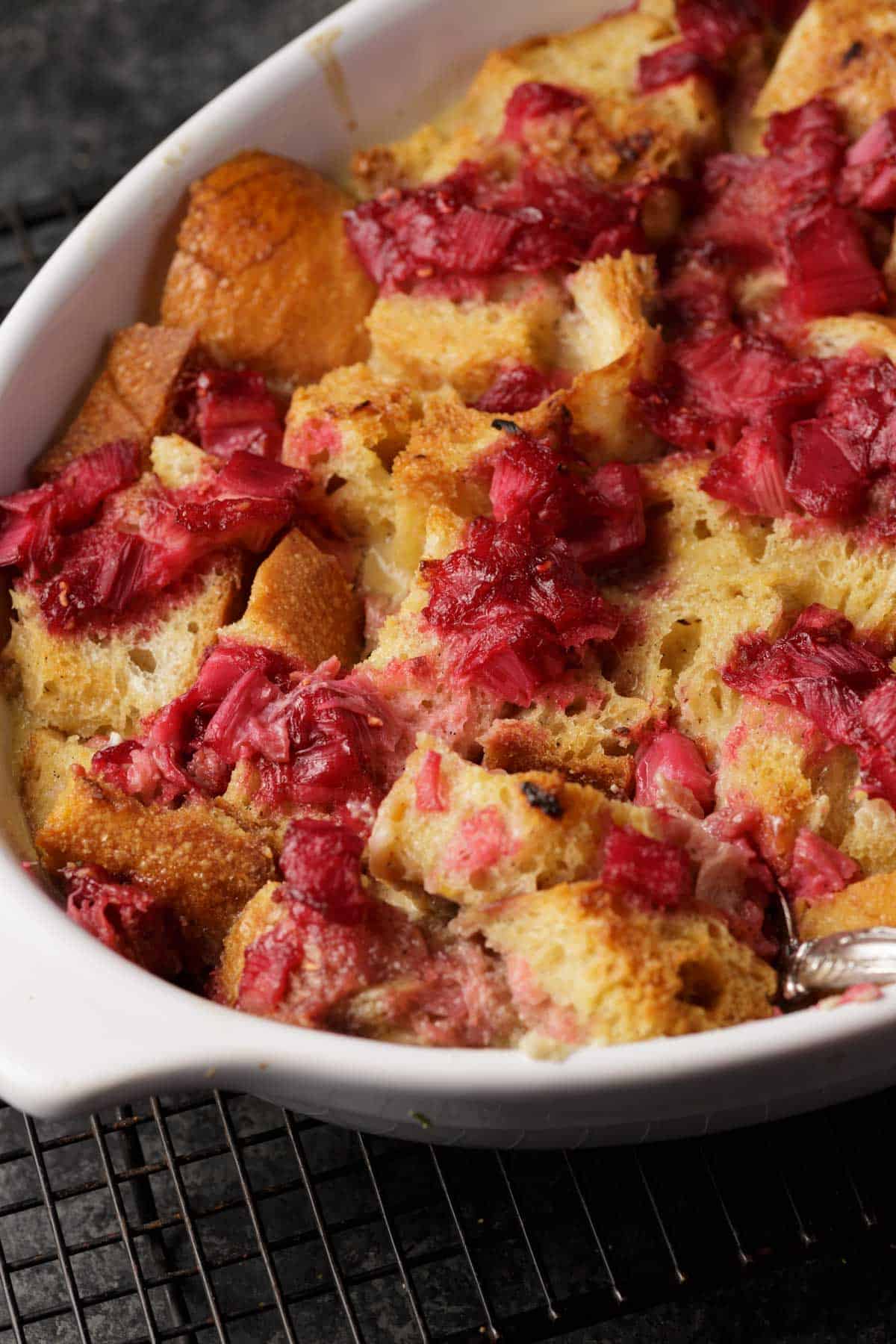 A baked rhubarb bread pudding.