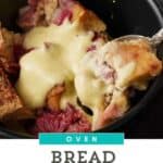 Vanilla Custard Bread Pudding in a black bowl.