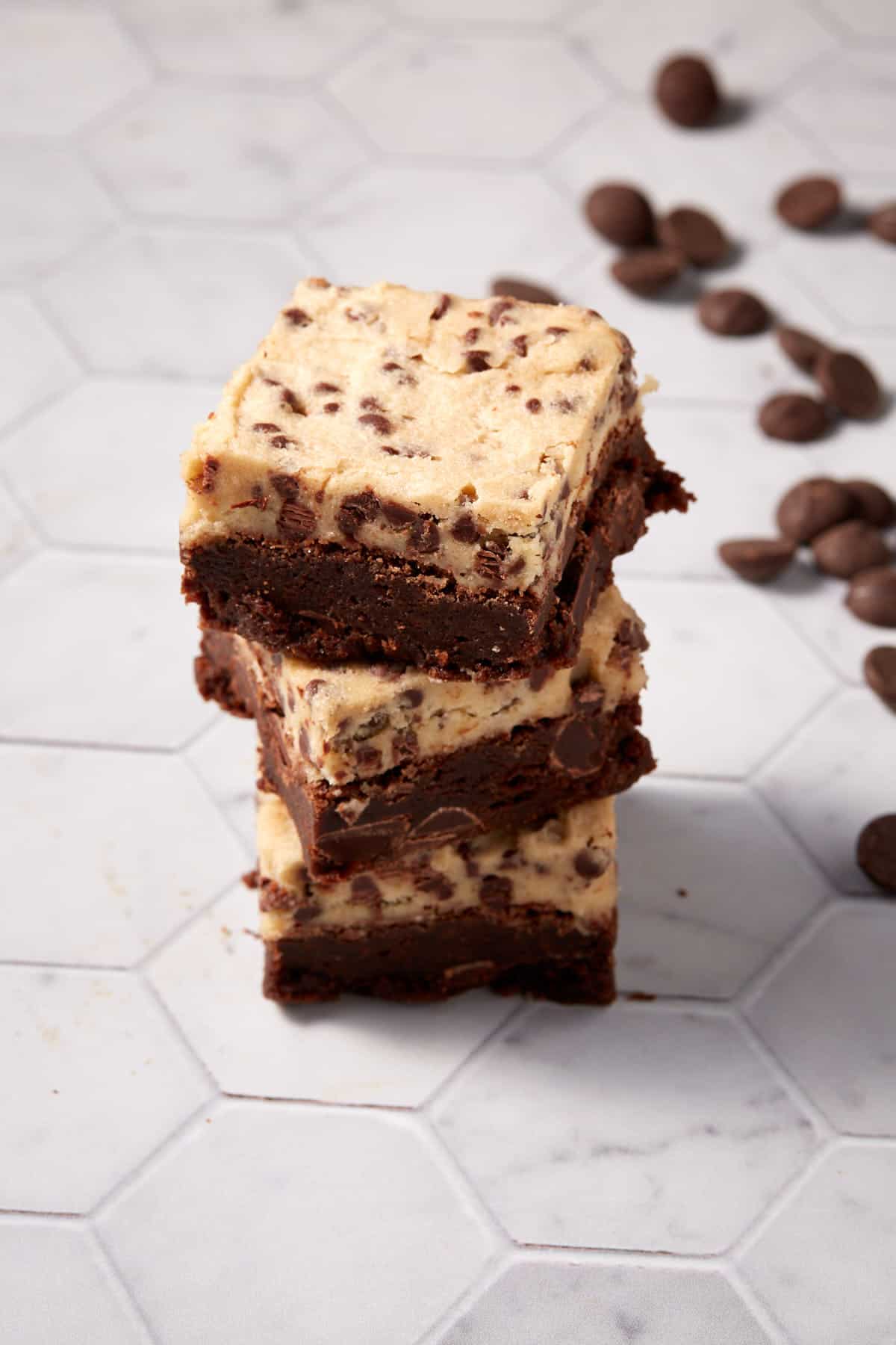 A stack of cookie dough brownies.