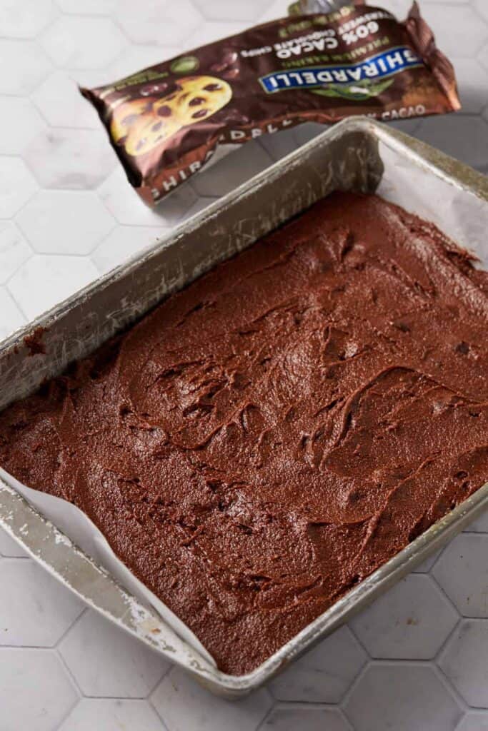 Brownie batter in a baking pan.