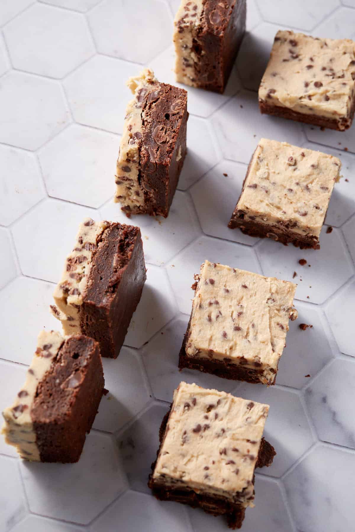 Cookie dough brownies laying on their side.