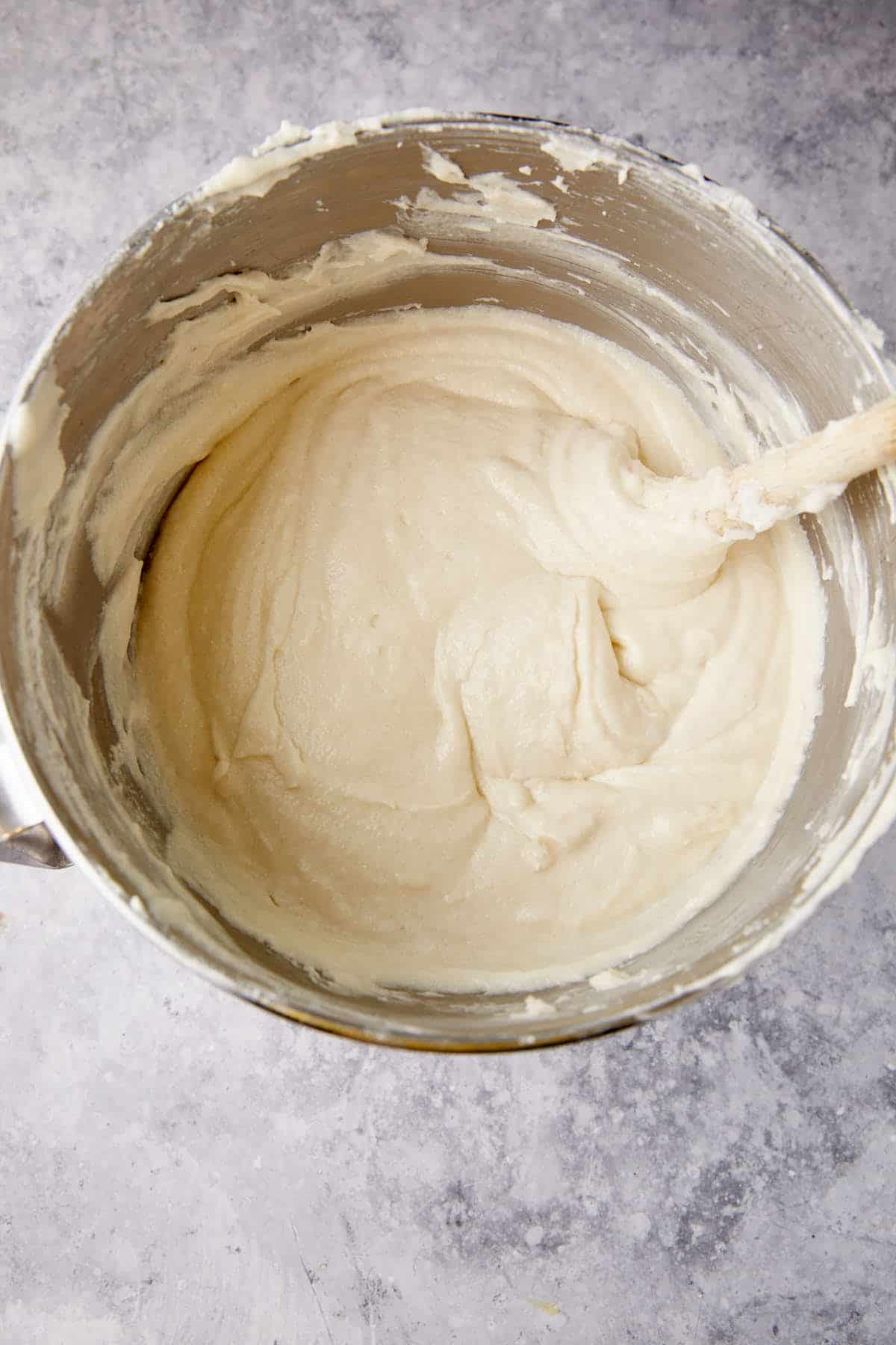 Cake batter in a mixing bowl.
