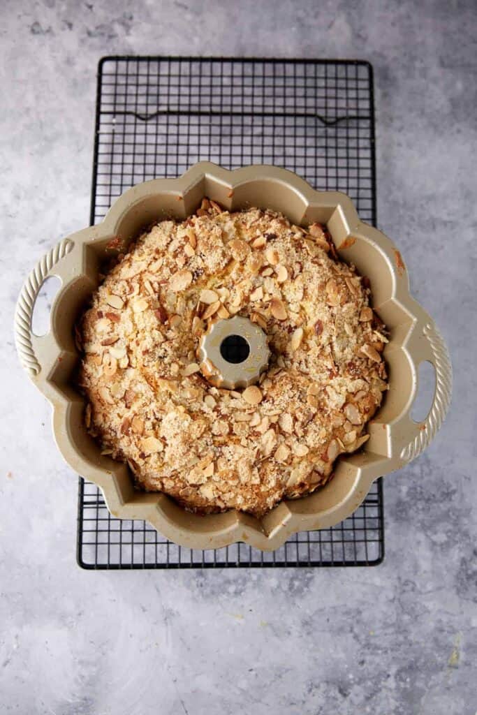 A baked coffee cake in a bundt pan.
