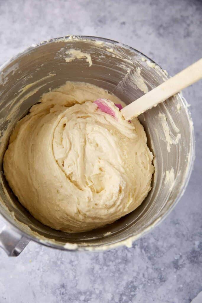 The batter in a mixing bowl.