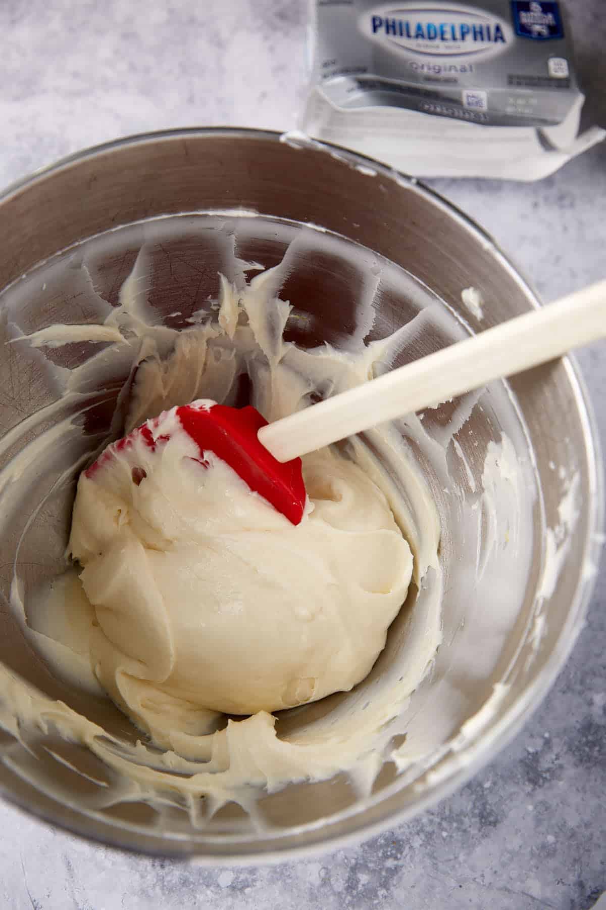 The cream cheese mixture in a bowl.