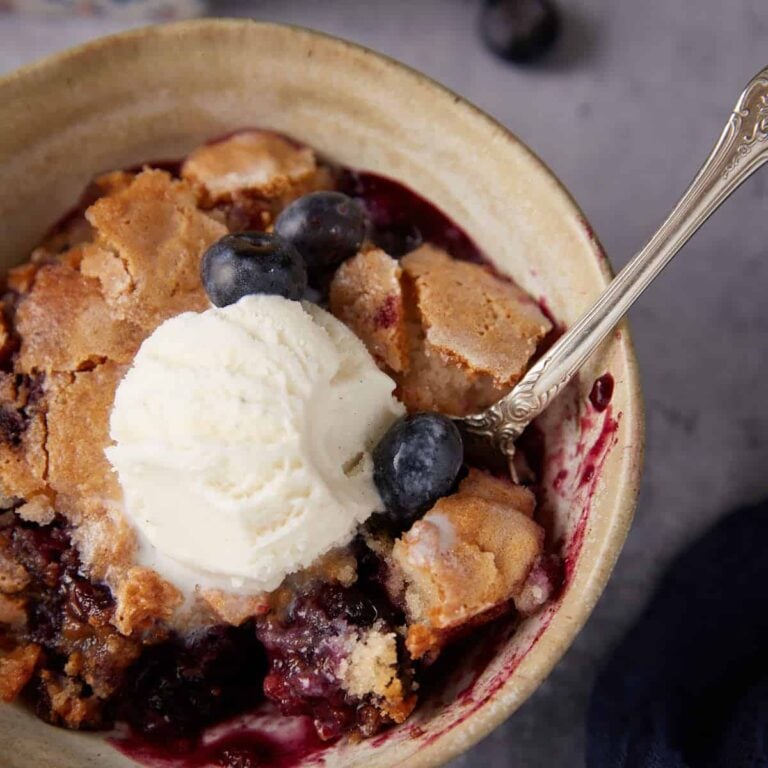 blueberry cake with a scoop of ice cream in a bowl.