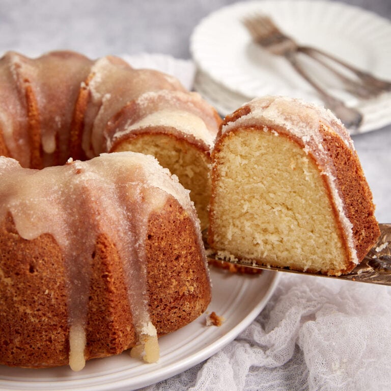 A slice of butter cake being removed.