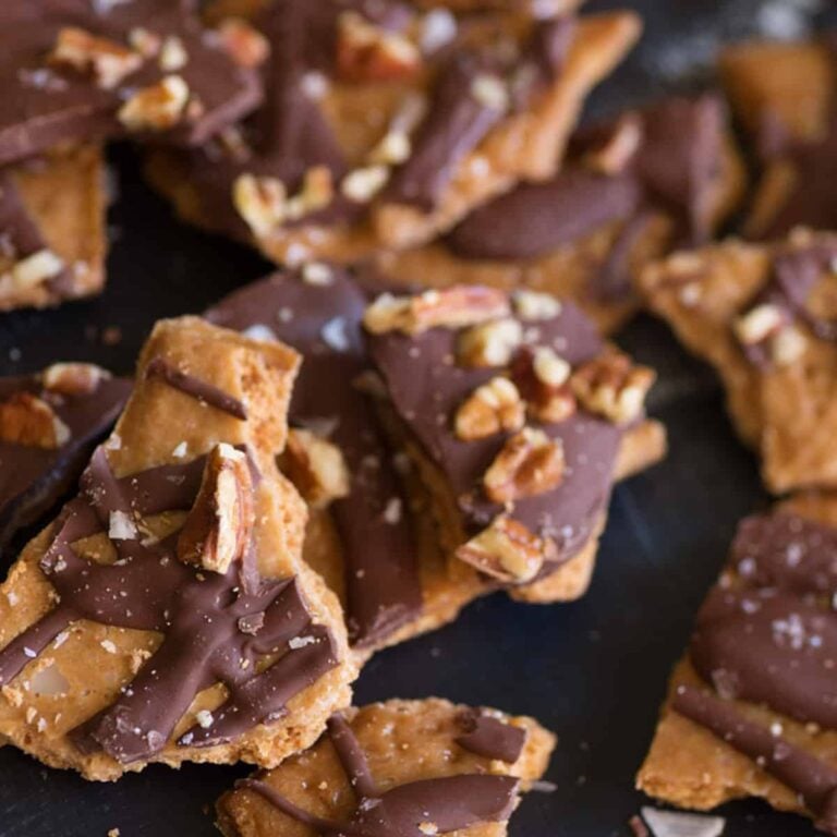 Chocolate caramel bark broken into pieces.