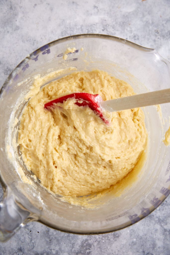 The cake batter in a bowl.