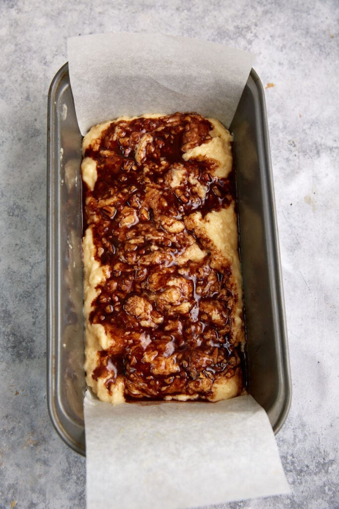 The bread dough covered with the cinnamon swirl.
