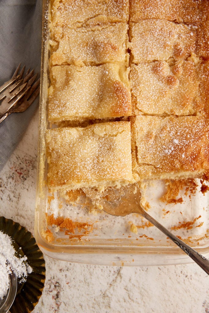 A St. louis gooey butter cake in a baking pan. 