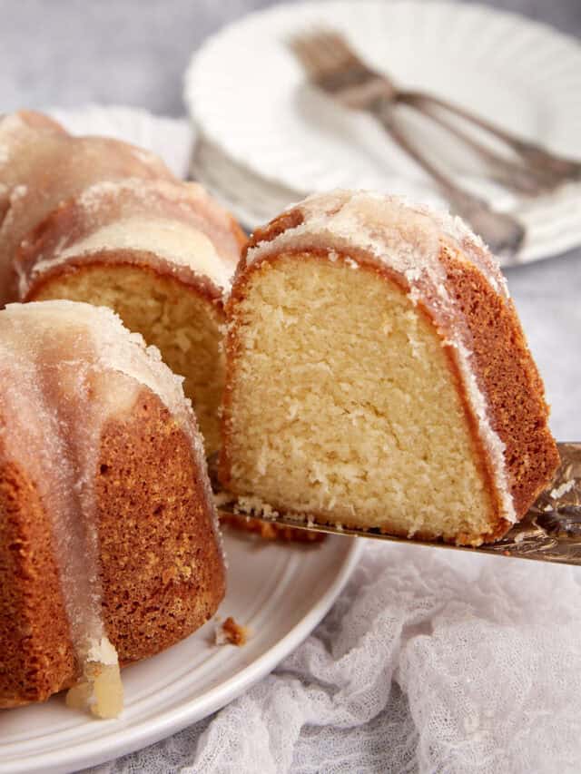 A slice of butter cake being removed.