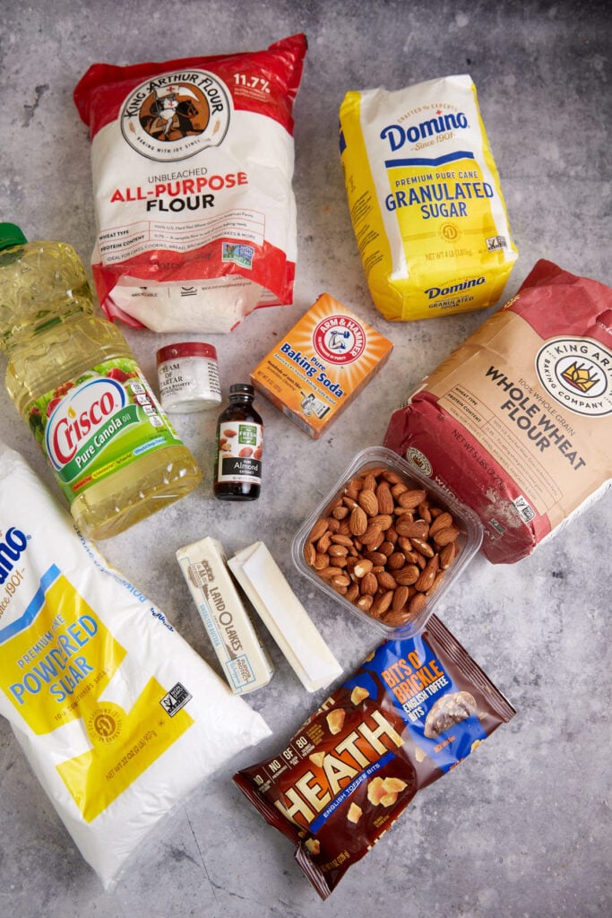 Teh ingredients needed for almond cookies.