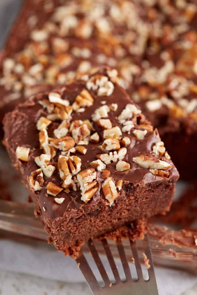 A single piece of coca-cola cake