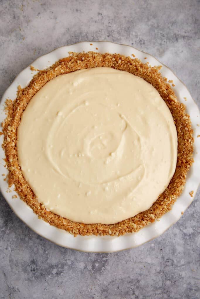 The filling poured into a pie crust.