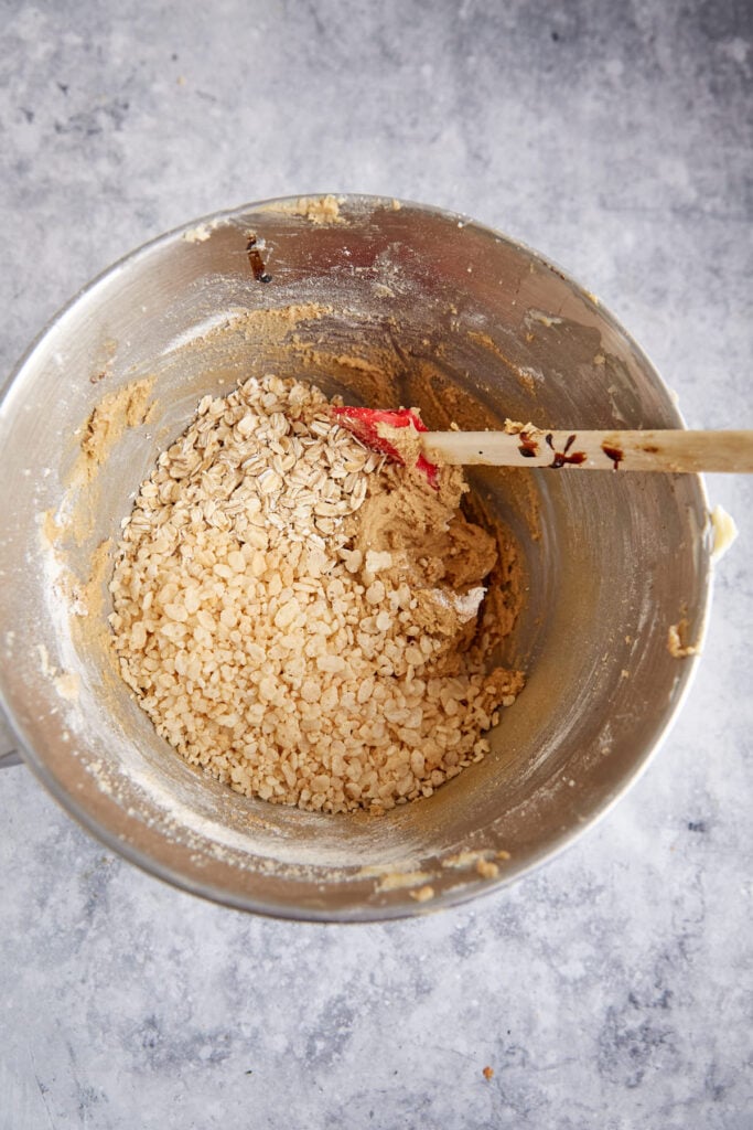 Rice Krispie cereal and oatmeal added to the batter.