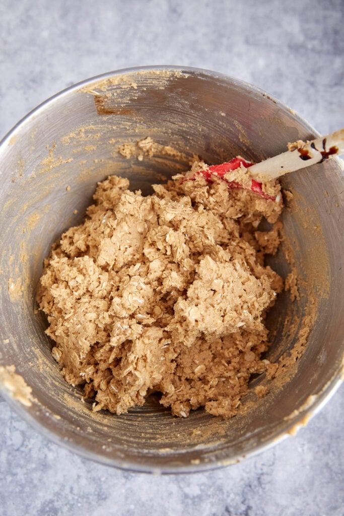 A mixing bowl of Rice Krispie cookie dough.
