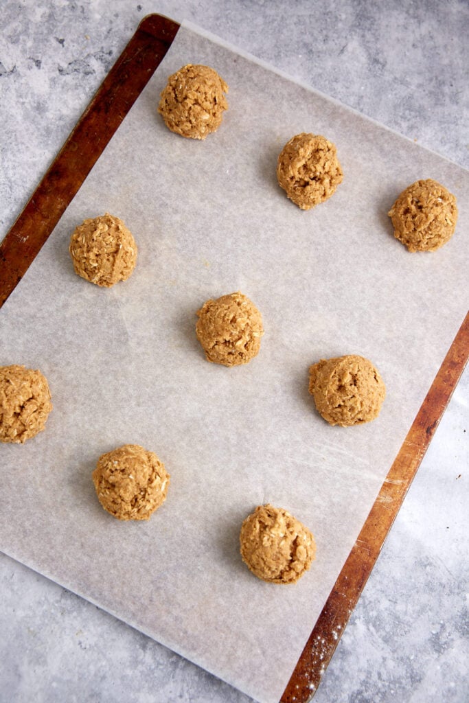 Cookie dough on a baking sheet.