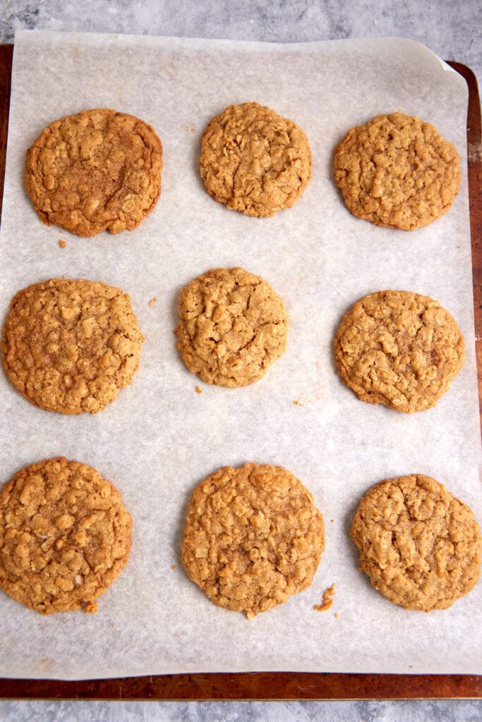 Baked Rice Krispie Cookies cooking on a baking sheet.
