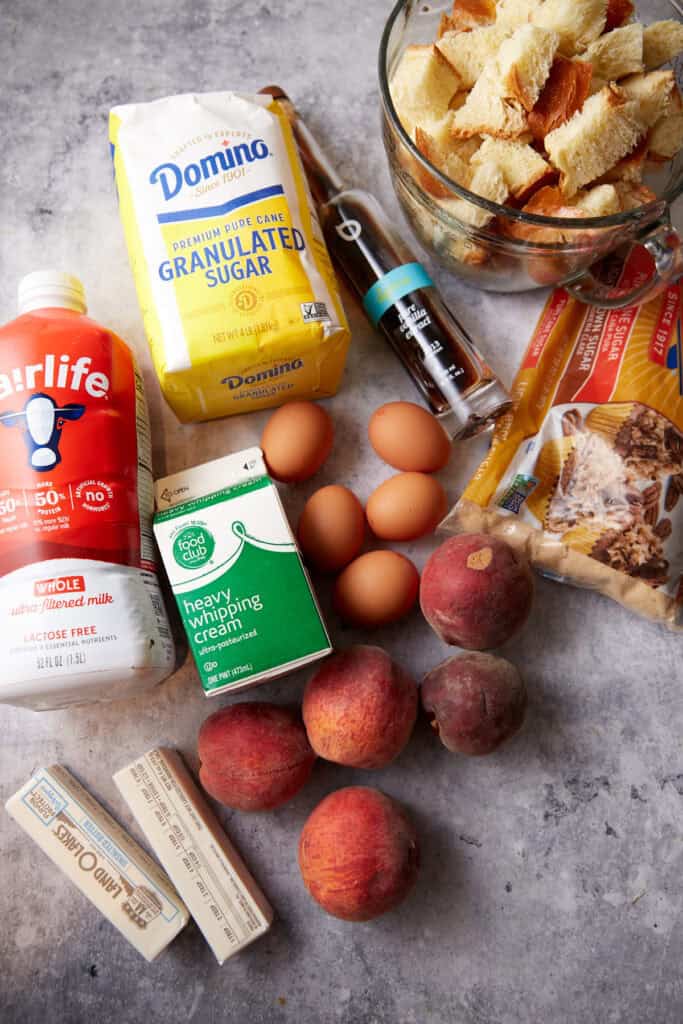 The ingredients for peach bread pudding.