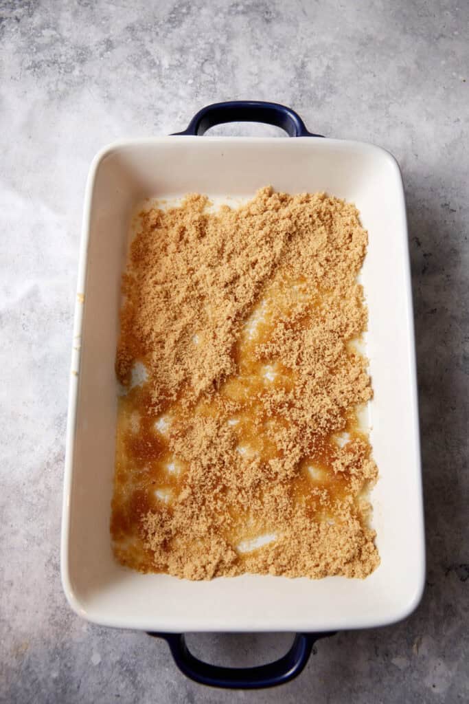 Brown sugar and butter on the bottom of a casserole dish. 