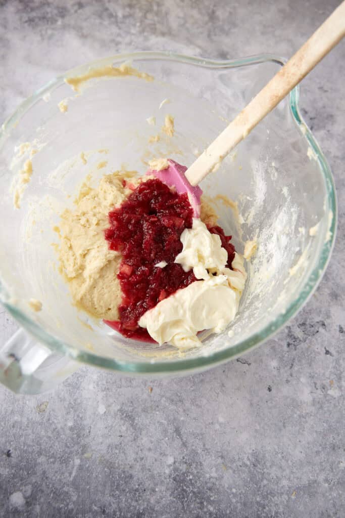 Rhubarb mixture added to the muffin batter.