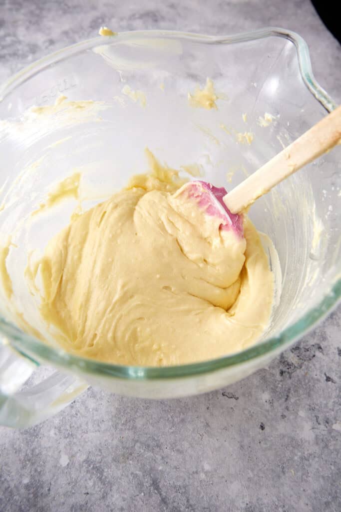 Cake batter in a mixing bowl.
