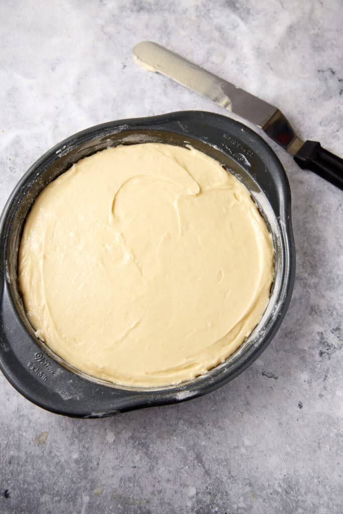 Cake batter in a cake pan.