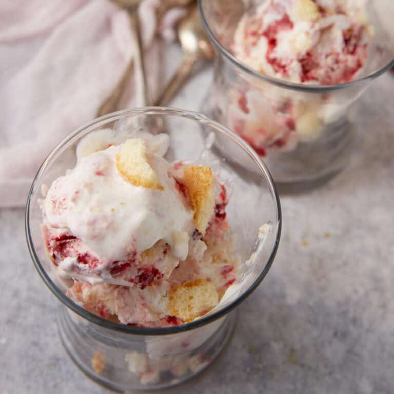 Frozen strawberry trifle in glasses.