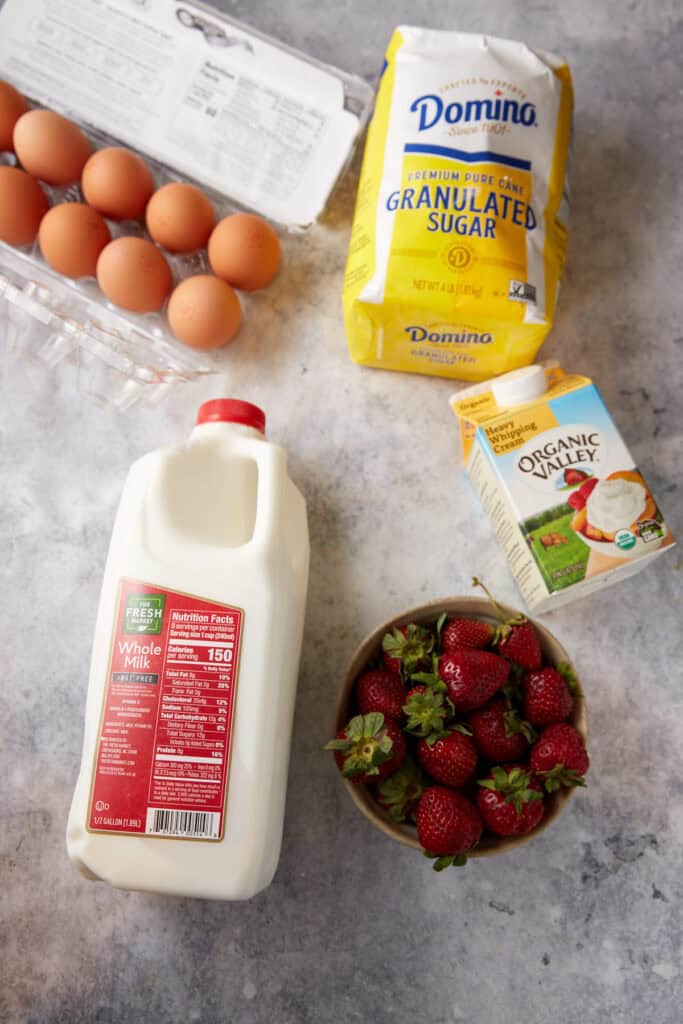 The ingredients for strawberry ice cream.