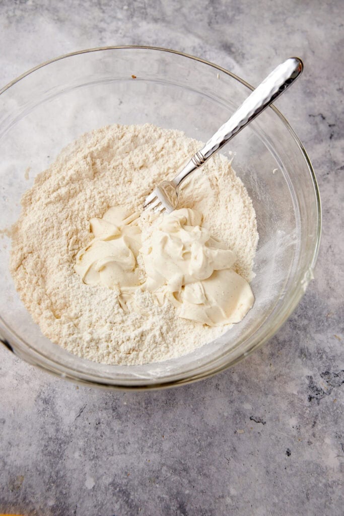 Creme fraiche added to dry ingredients.