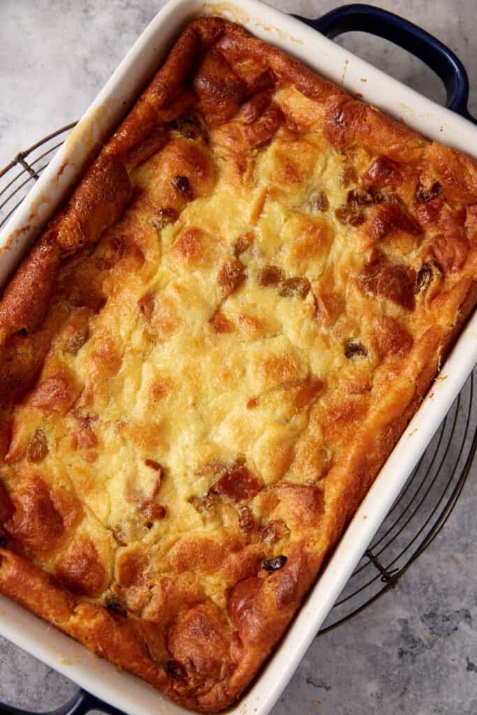 A casserole dish of baked bread pudding.