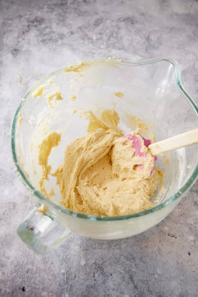 The cake batter in a mixing bowl.