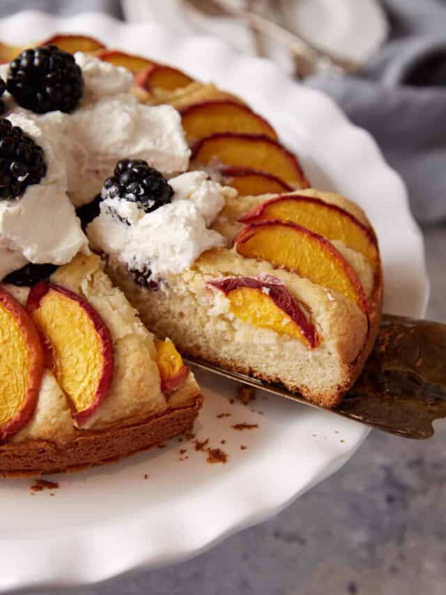 A slice of peach blackberry cake.