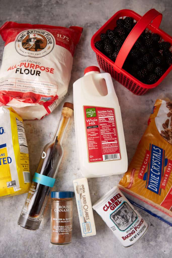 Ingredients for a skillet blackberry cobbler.