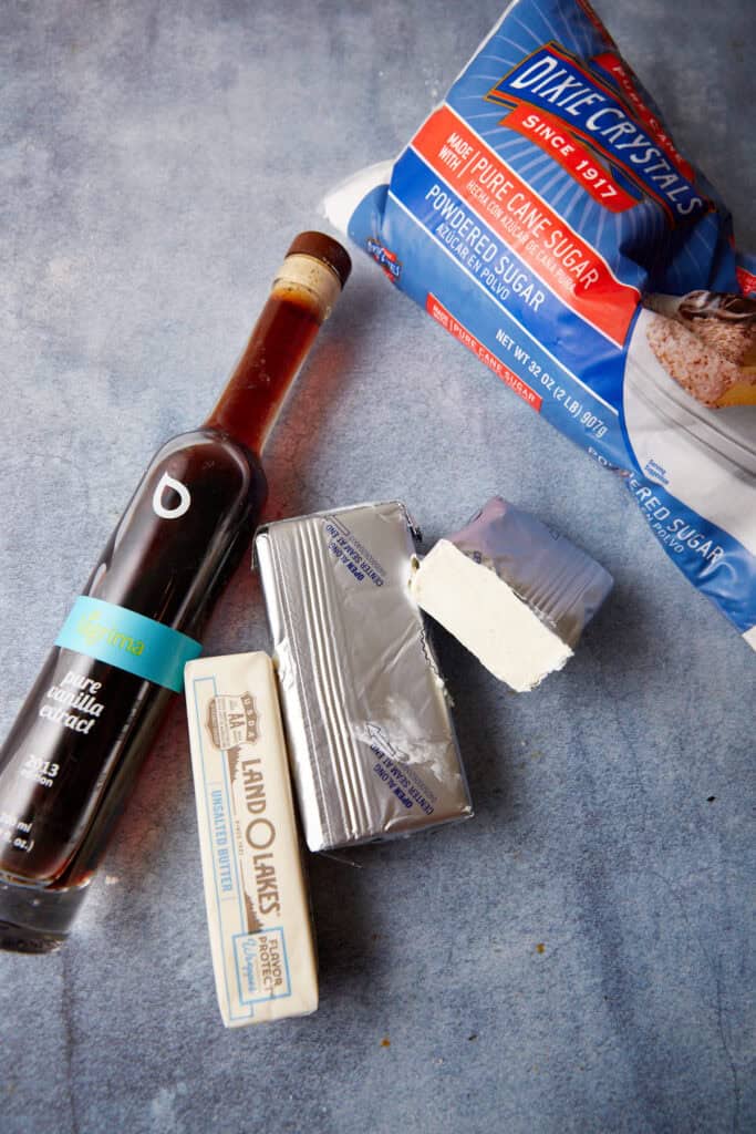 The ingredients for brown butter cream cheese frosting.