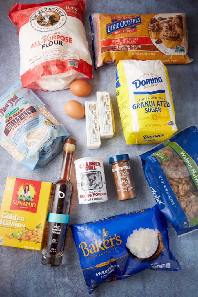 Ingredients for coconut oatmeal cookies.